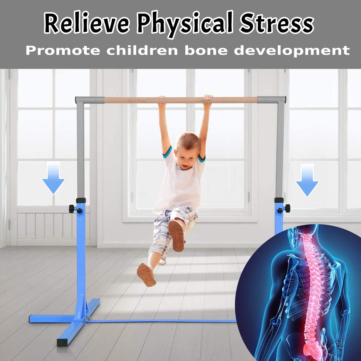 Children's Height Adjustable Gymnastics Training Bar, 90-150cm-Blue