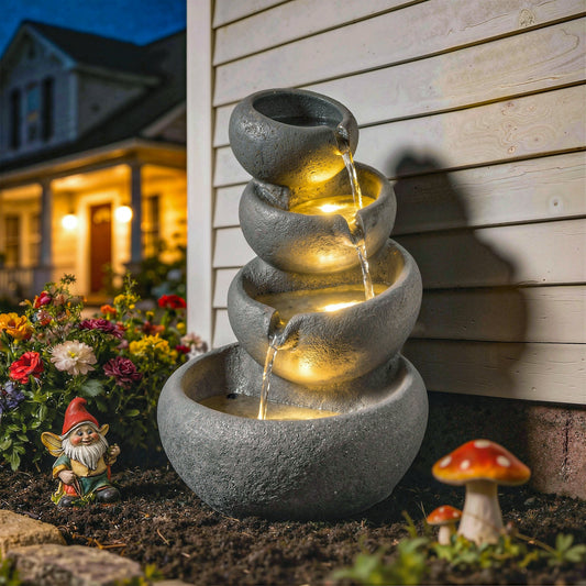 Outsunny 4-Tier Water Fountain Outdoor, Garden Water Feature with LED Lights and Pump, Freestanding Resin Waterfall for Patio