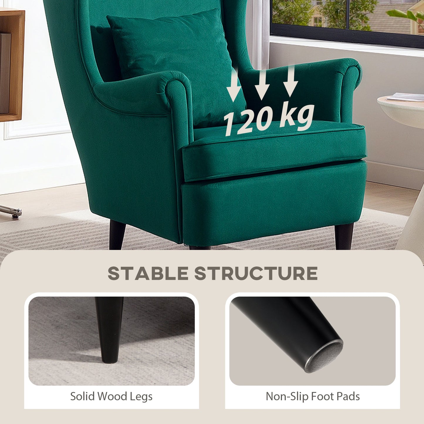 HOMCOM Modern Accent Chair, Upholstered Wingback Armchair with High Backrest and Pillow, Velvet-Feel Fabric Reading Chair with Solid Wood Legs for Living Room, Bedroom, Home Office, Dark Green