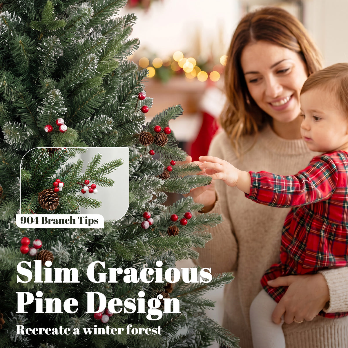 HOMCOM Slim Gracious Pine Xmas Tree, 7ft/210cm Artificial Christmas Tree with 904 Branch Tips, Foldable Steel Stand, Green