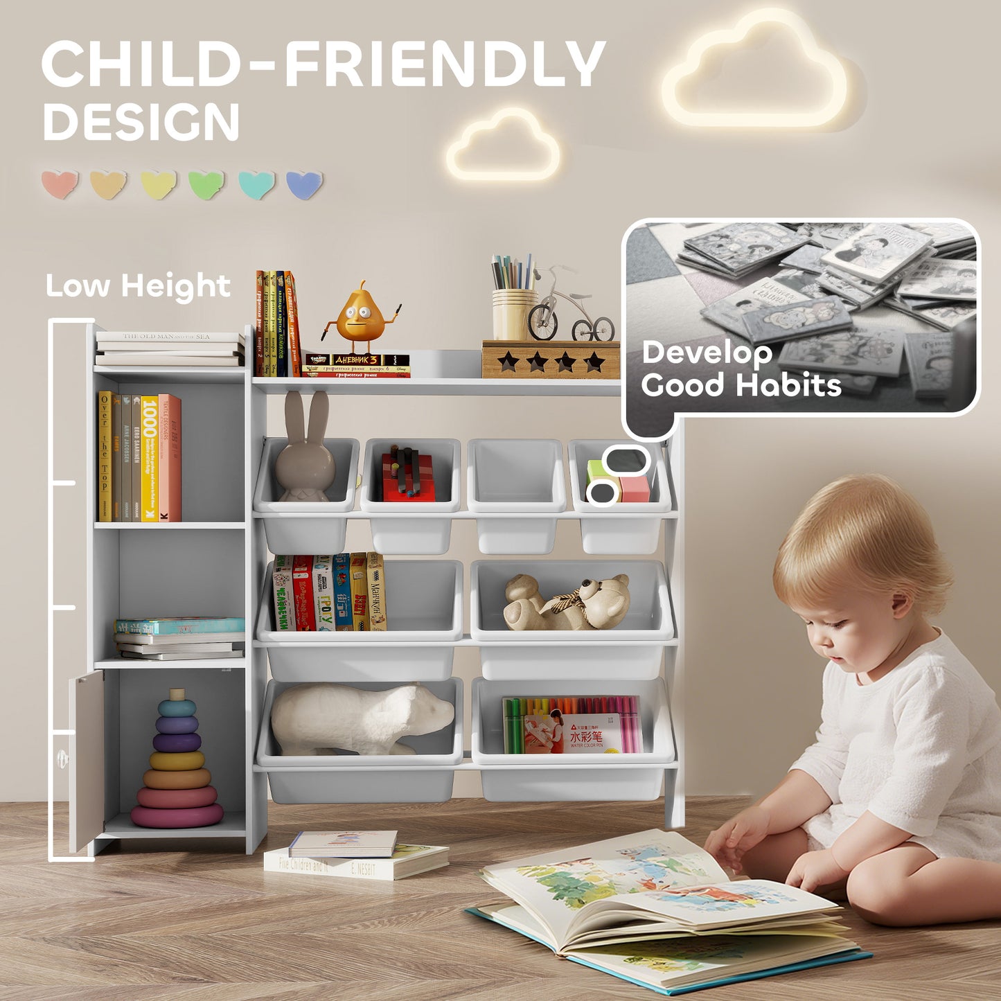 AIYAPLAY Toy Storage Unit with 8 Removable Bins, Storage Shelves, Cabinet, White
