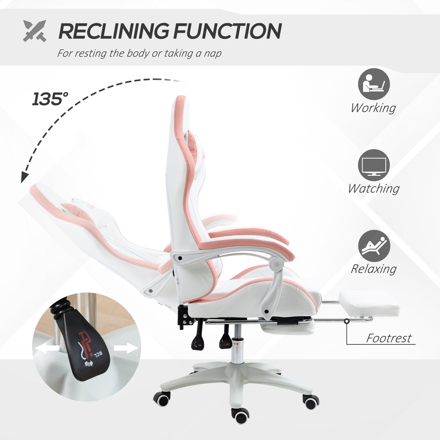 Vinsetto Computer Gaming Chair, PU Leather Office Desk Chair with Footrest, Swivel Wheels, 135 Reclining Back, Lumbar Support, Headrest for Home, White and Pink