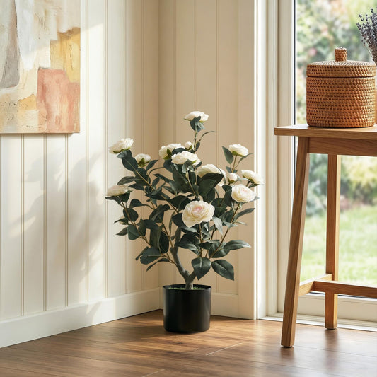 HOMCOM 65cm Artificial Camellia Flower Plant in Pot with 116 Lush Leaves & Moss Effect, White