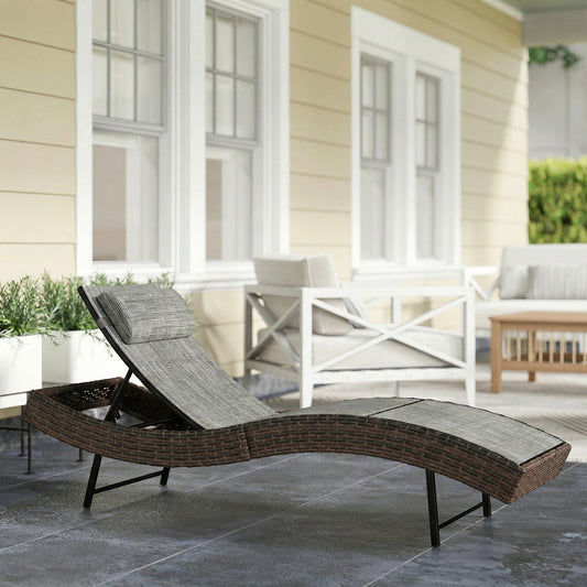 Outsunny Rattan Sun Lounger, Garden Recliner with 5 Position Adjustable Back, S Shaped Texteline Seat, Headrest, Brown