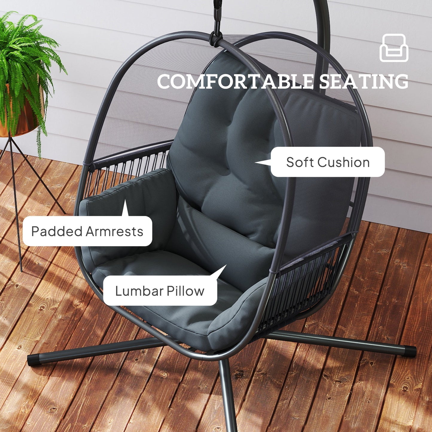 Outsunny Hanging Egg Chair Outdoor Indoor, Swing Hammock Chair with Stand, Cushions, Lumbar Pillow, Adjustable Height and Steel Frame for Garden Patio Lounge Porch, Dark Grey