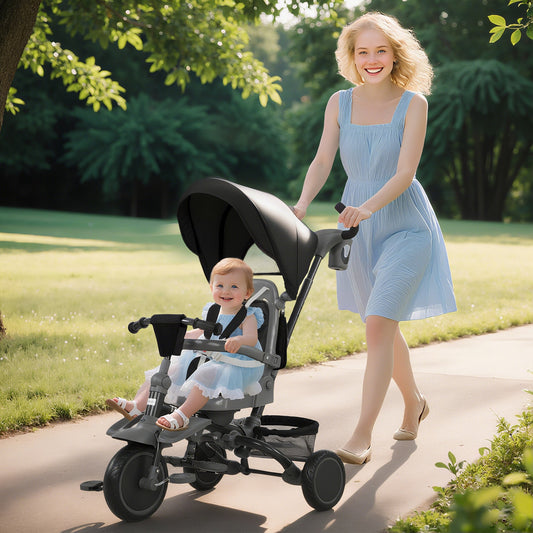 AIYAPLAY 6 in 1 Foldable Kids Trike with Adjustable Parent Handle & Canopy for Ages 1-5, Black