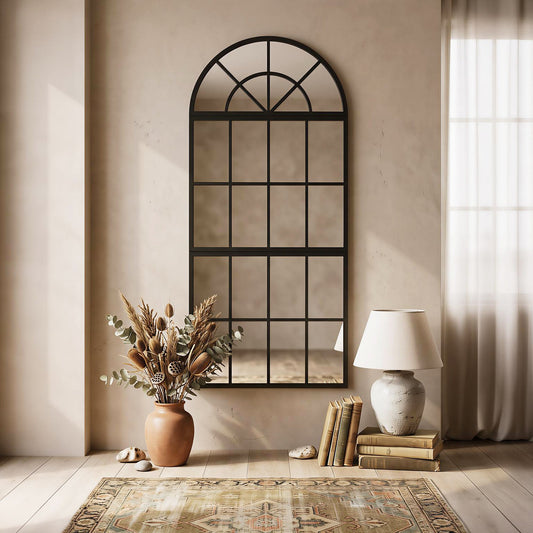 HOMCOM Large Arched Wall Mirror with Metal Grid, 3-Piece Split Window Mirrors, 120 x 54 cm, Black