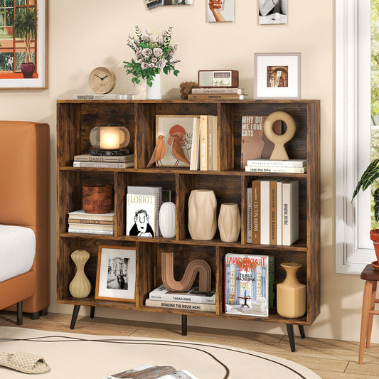 10-Cube Bookcase 120 CM Mid Century Modern Storage Organizer-Brown