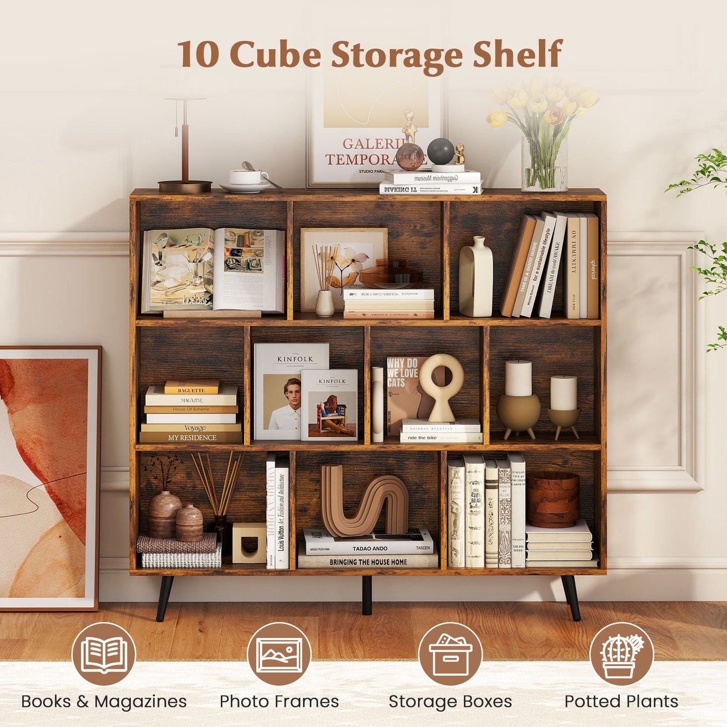 10-Cube Bookcase 120 CM Mid Century Modern Storage Organizer-Brown