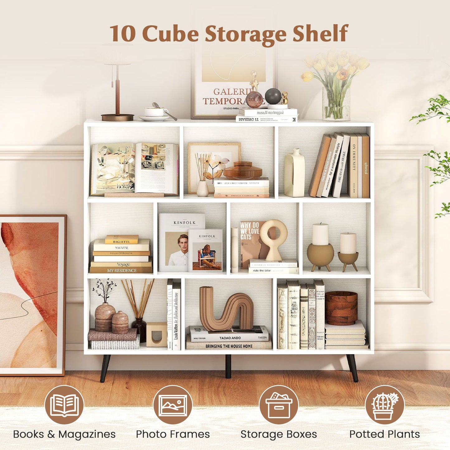 10-Cube Bookcase 120 CM Mid Century Modern Storage Organizer-White