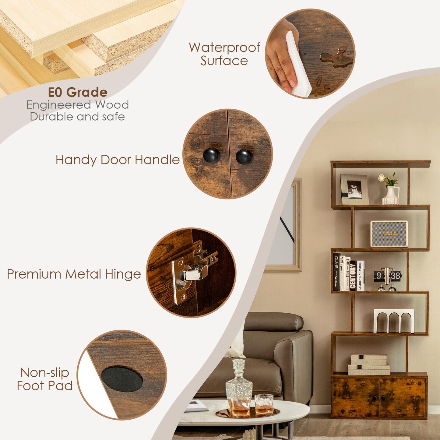 S-Shaped Bookshelf with Storage Cabiet for Living Room Brown