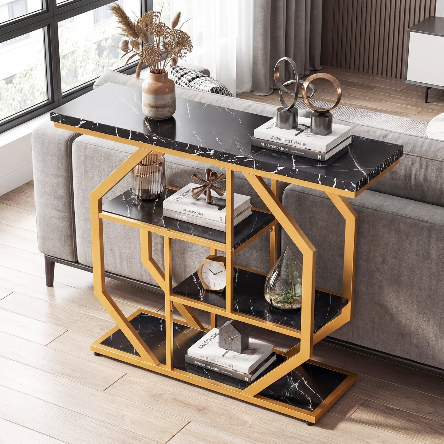 100CM 4-Tier Modern Entryway Table with Storage Shelves for Hallway-Black & Gold