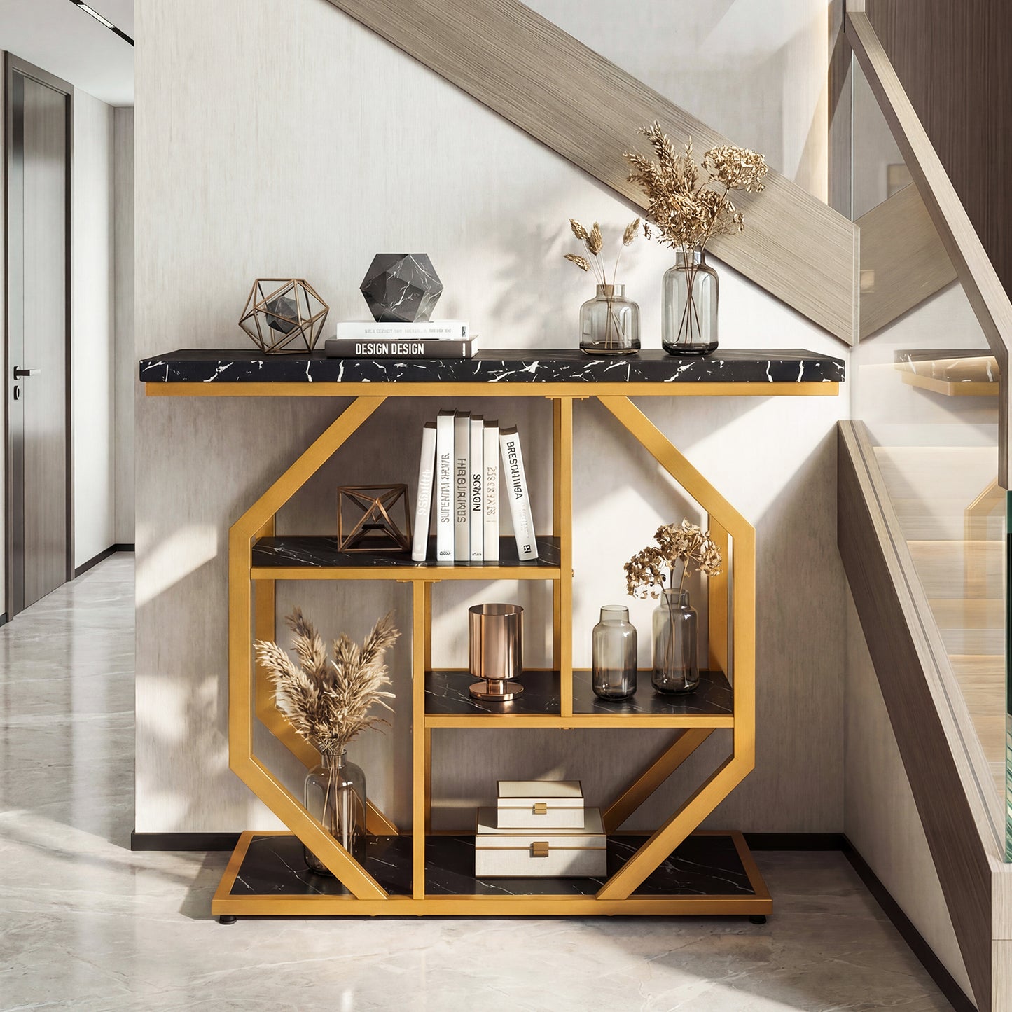 100CM 4-Tier Modern Entryway Table with Storage Shelves for Hallway-Black & Gold
