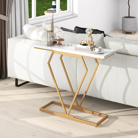 100 cm Gold Console Table with Diamond Shape Geometric Frame-White & Golden