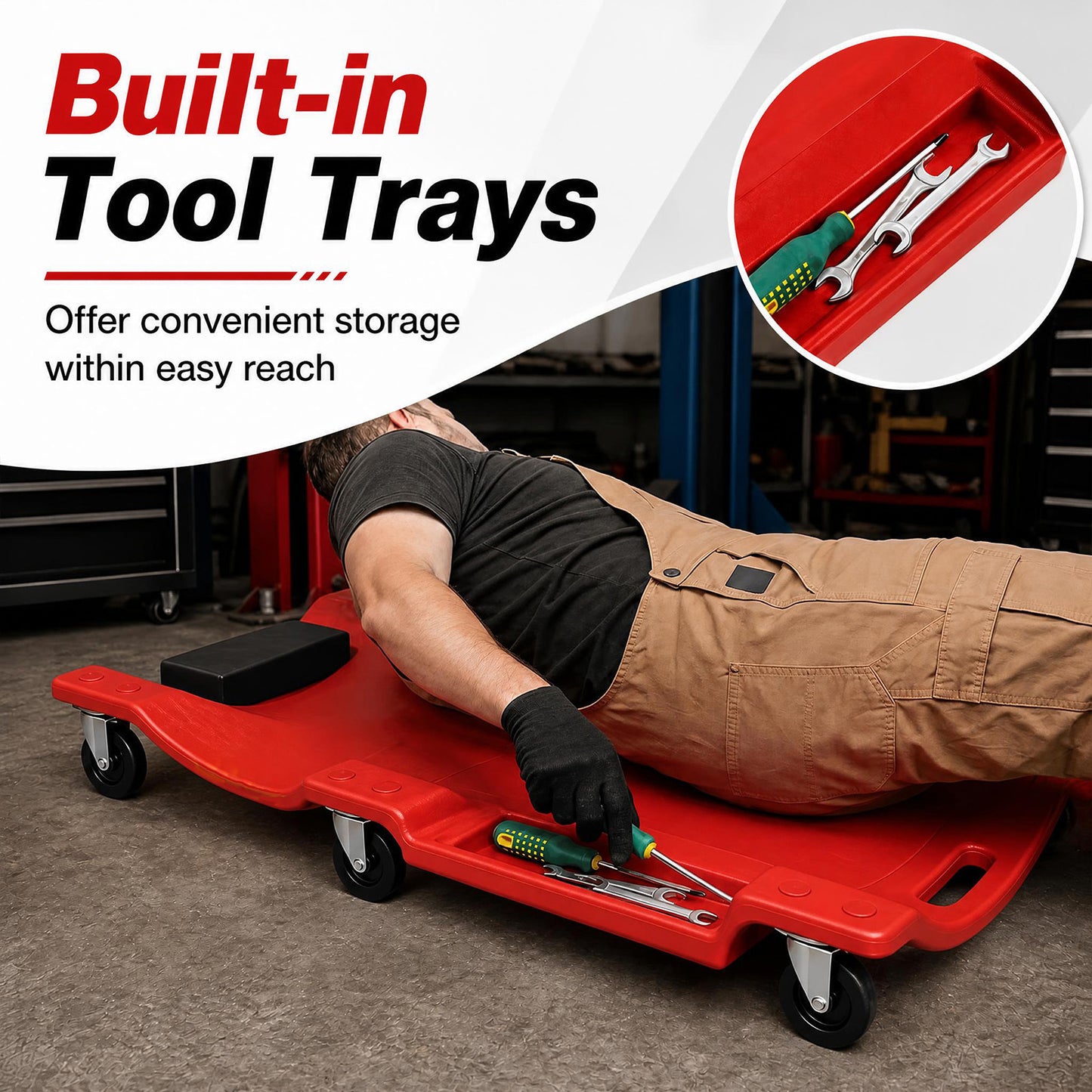 101 CM Low Profile Rolling Garage Creeper with Padded Headrest-Red