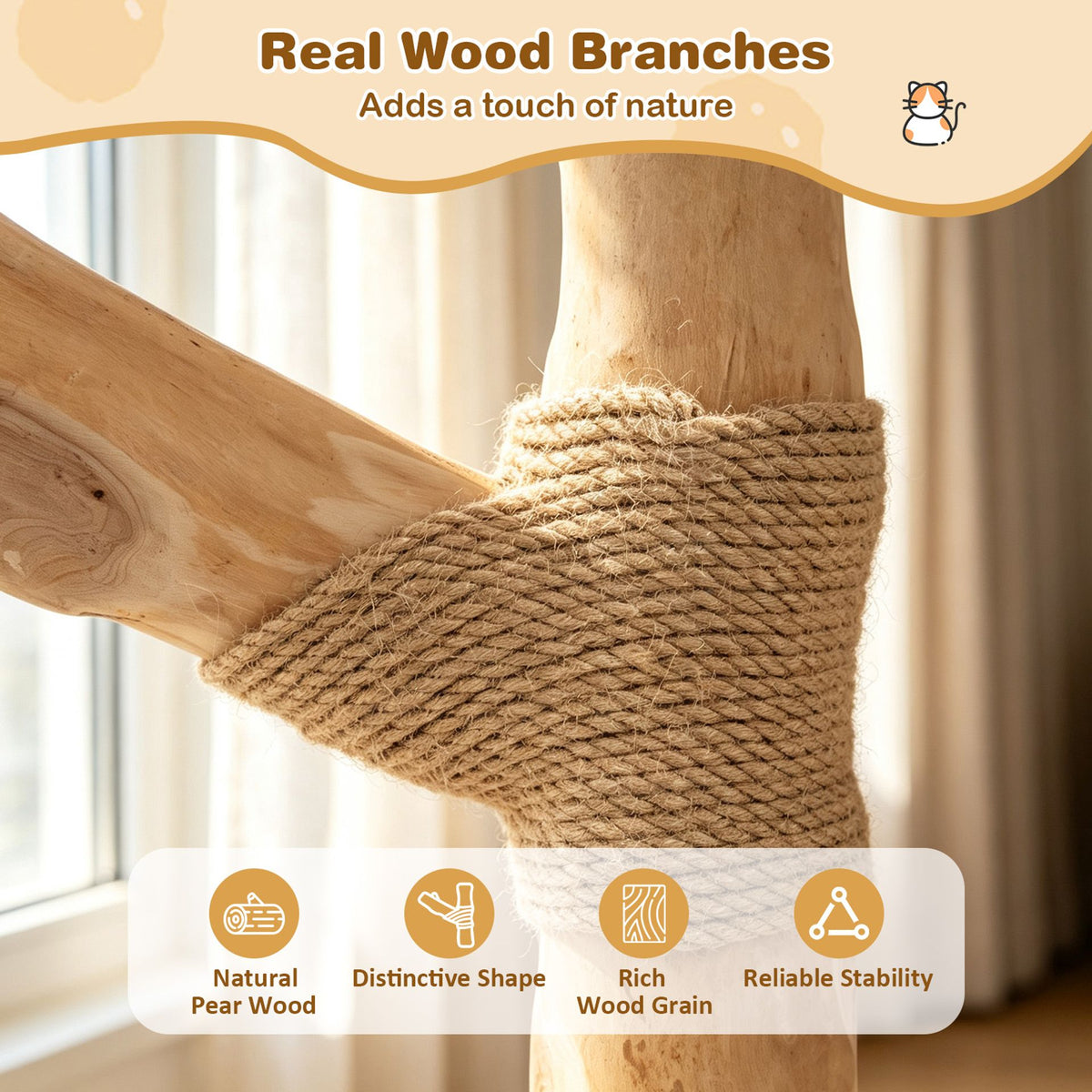 105 CM Tall Modern Cat Tower with Real Wood Branches and Scratching Posts for Cats-Beige