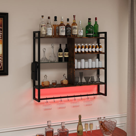 107 CM Gaming Floating Shelves with LED Lights Remote and APP Control-Black