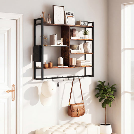 107 CM Industrial Floating Shelves 6-Tier Wall Mounted Shelf with 8 S-Hooks-Black