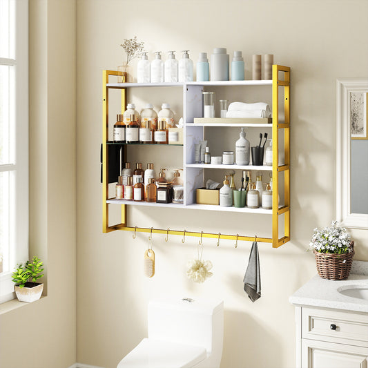 107 CM Industrial Floating Shelves 6-Tier Wall Mounted Shelf with 8 S-Hooks-White & Golden