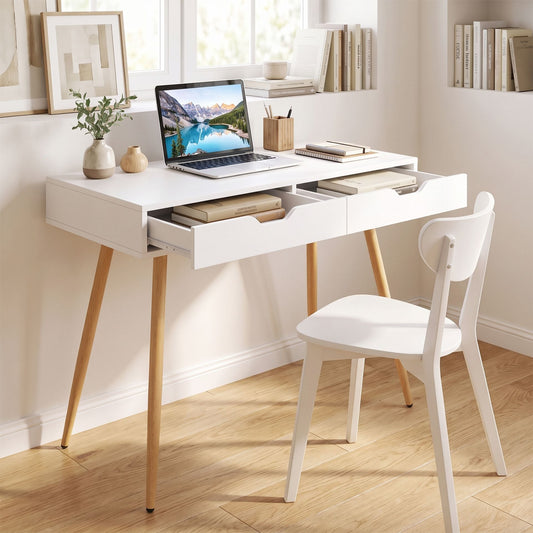 108 cm Computer Desk with 2 Drawers Wooden Writing Study Desk Workstation-White