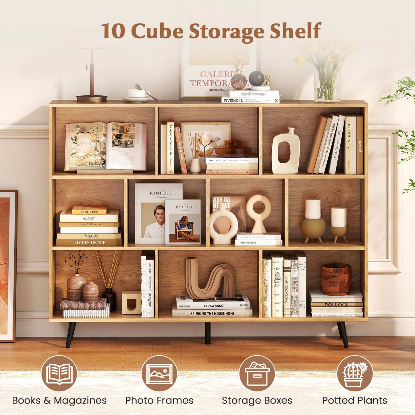 10-Cube Bookcase 140 CM Storage Organizer with 5 Tapered Metal Legs-Natural