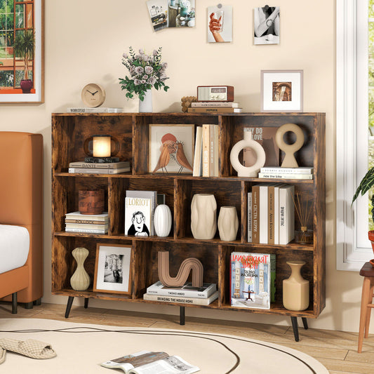 10-Cube Bookcase 140 CM Storage Organizer with 5 Tapered Metal Legs-Coffee