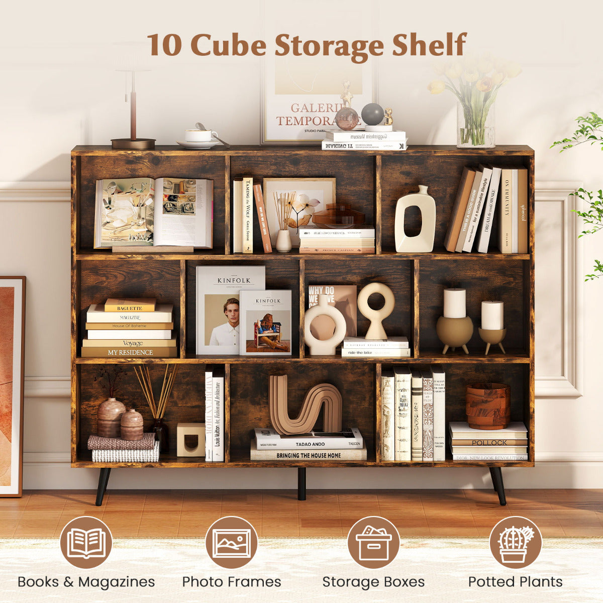 10-Cube Bookcase 140 CM Storage Organizer with 5 Tapered Metal Legs-Coffee