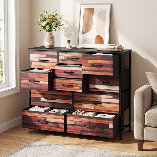 11-Drawer Dresser Tall Storage Chest with Metal Frame-Brown