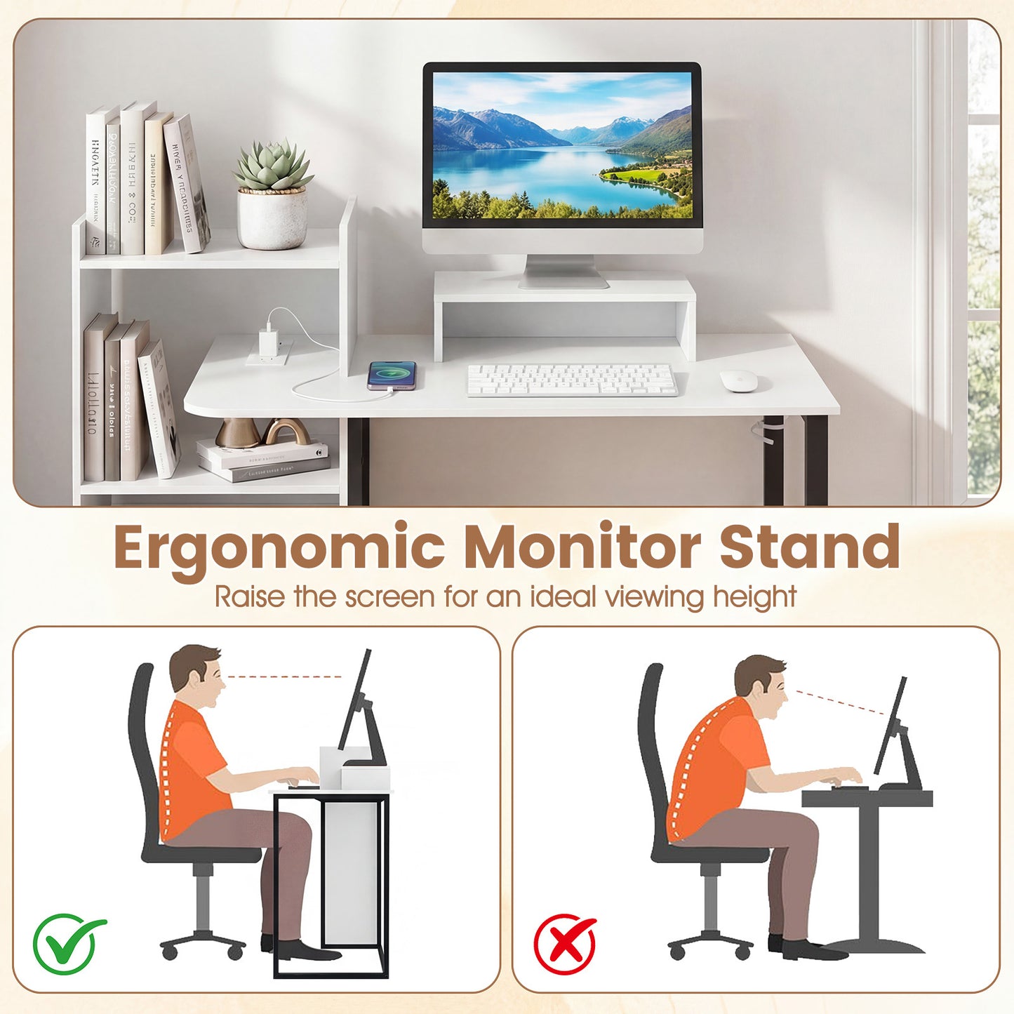 110CM Computer Desk with Charging Station and Ergonomic Monitor Stand-White