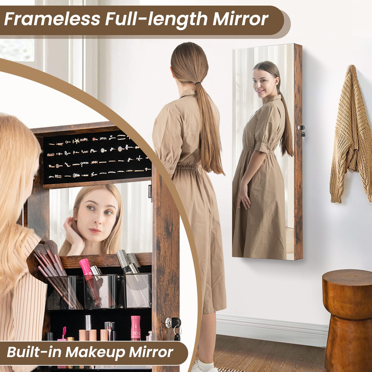 110 cm Jewelry Mirror Cabinet with Full-length Mirror and Interior Makeup Mirror-Rustic Brown