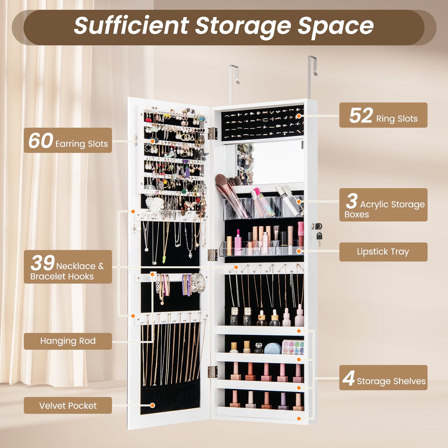 110 cm Jewelry Mirror Cabinet with Full-length Mirror and Interior Makeup Mirror-White