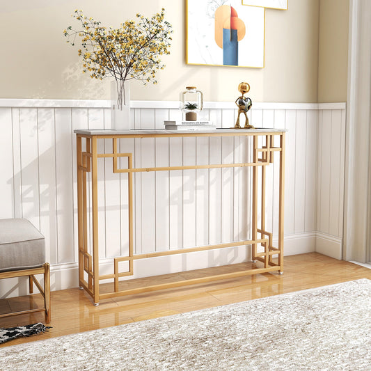 110 cm Console Table Narrow Entryway Table with Geometric Golden Frame-White & Golden