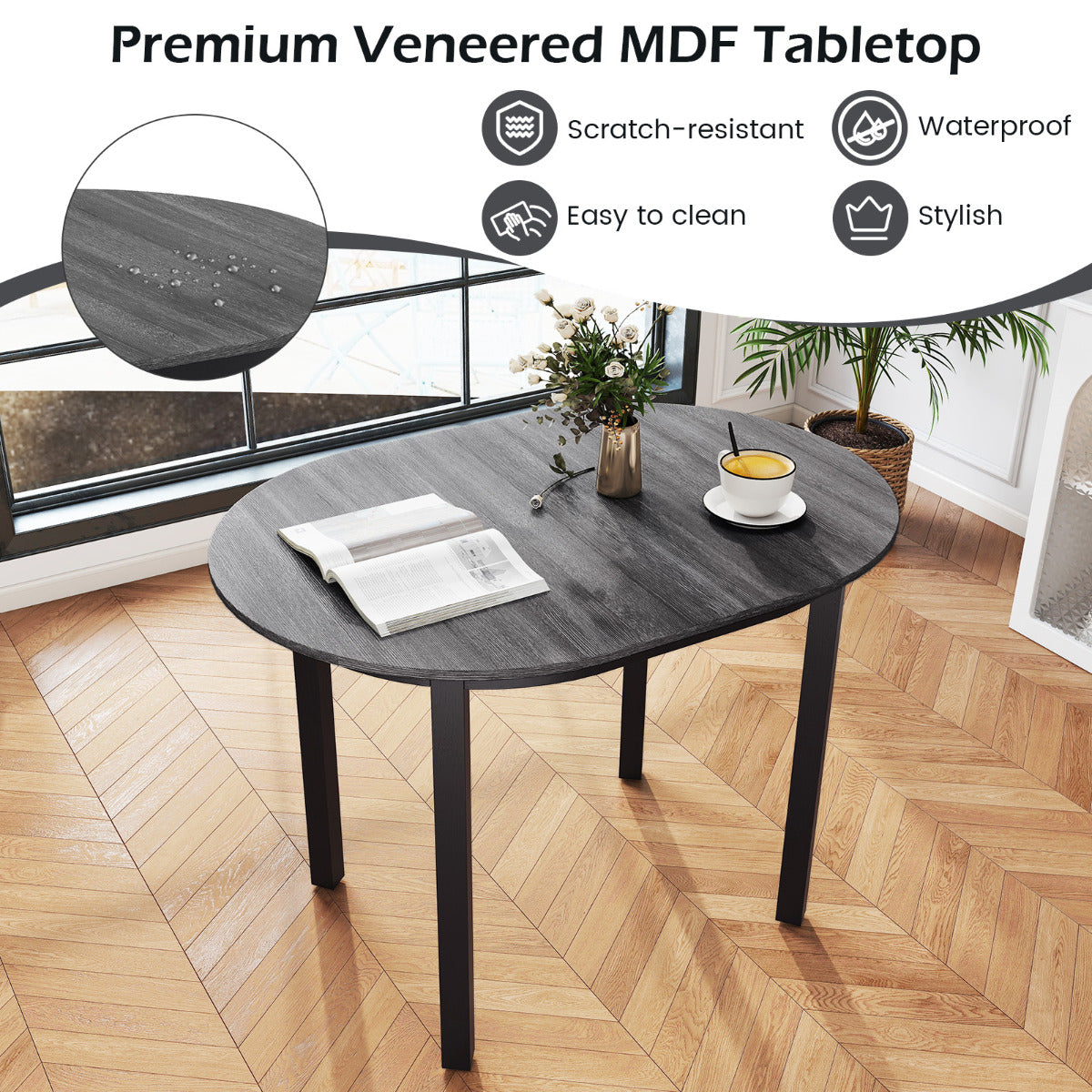 110CM Wooden Dining Table for 4-6 People Oval Kitchen Table-Dark Grey