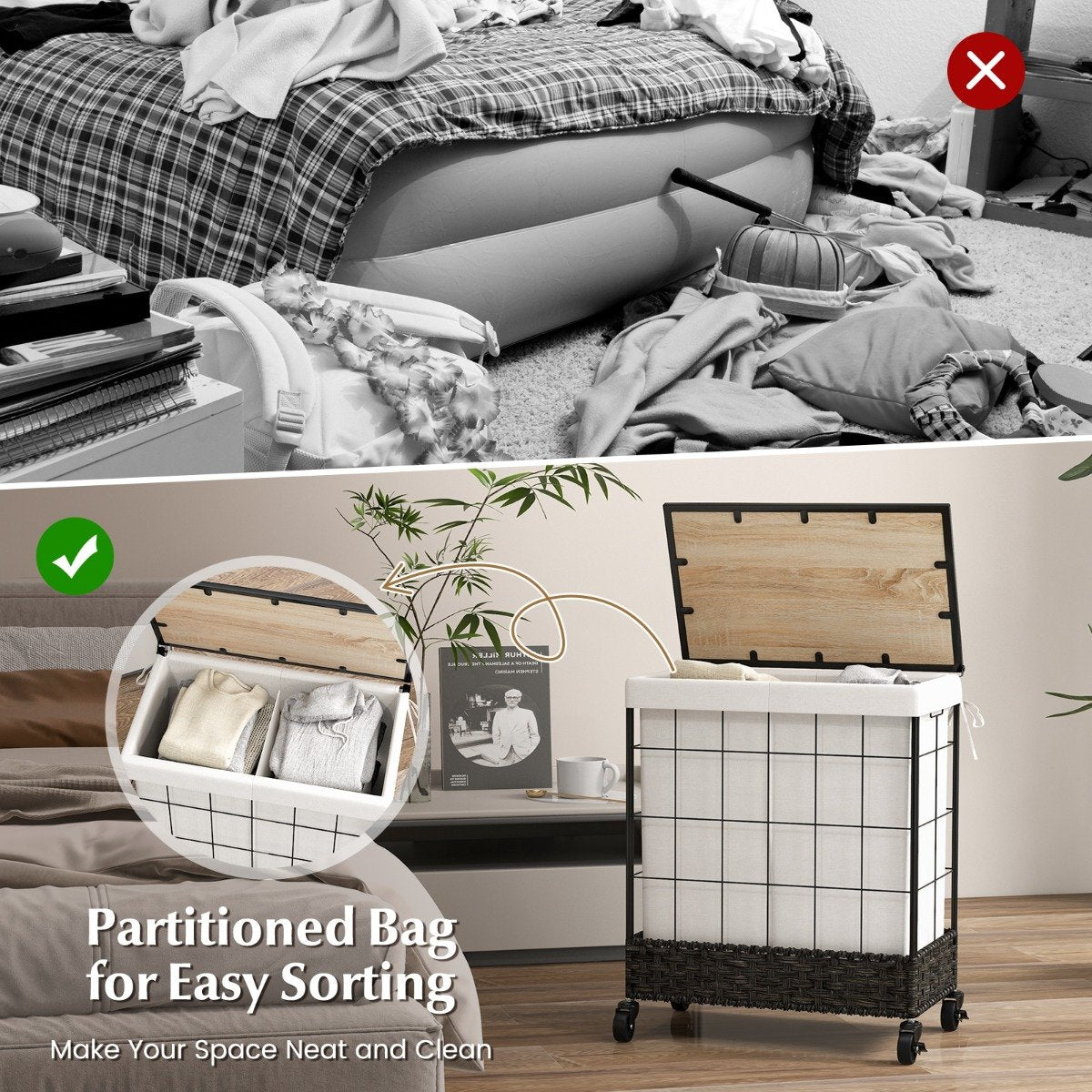 110L Large Capacity Handwoven Rattan Laundry Basket with Lid and Lockable Wheels-Black