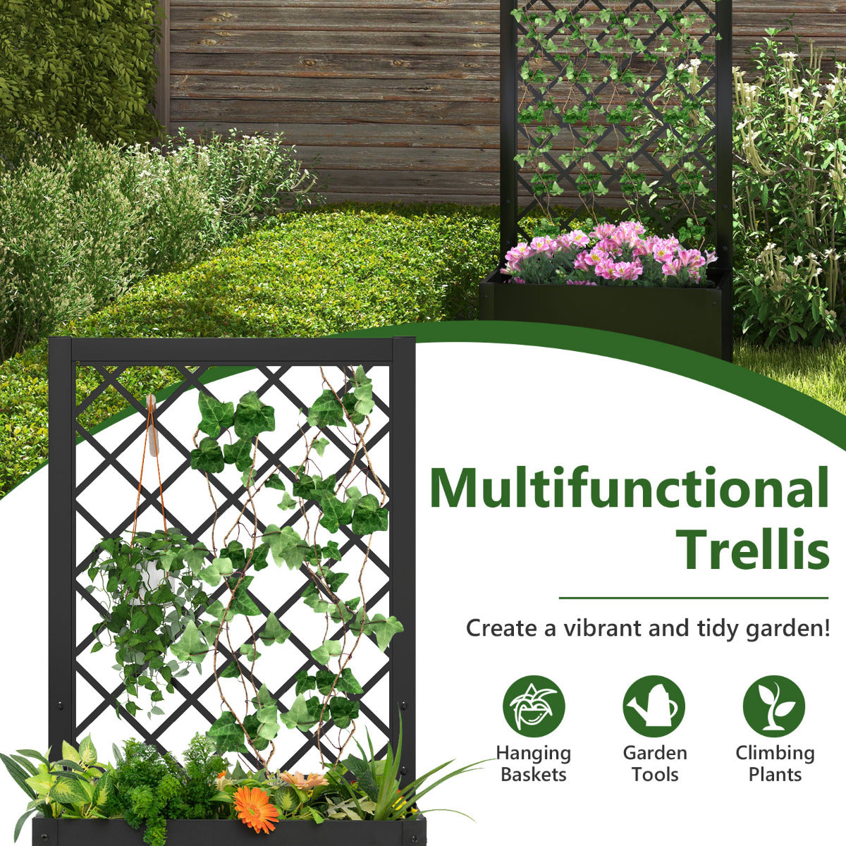112CM Metal Planter Box with Trellis for Climbing Plants-Black