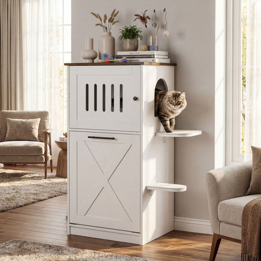 115 cm Modern Hidden Cat House Cabinet with 2 Scratching Pads and Flip-Down Storage Cabinet-White