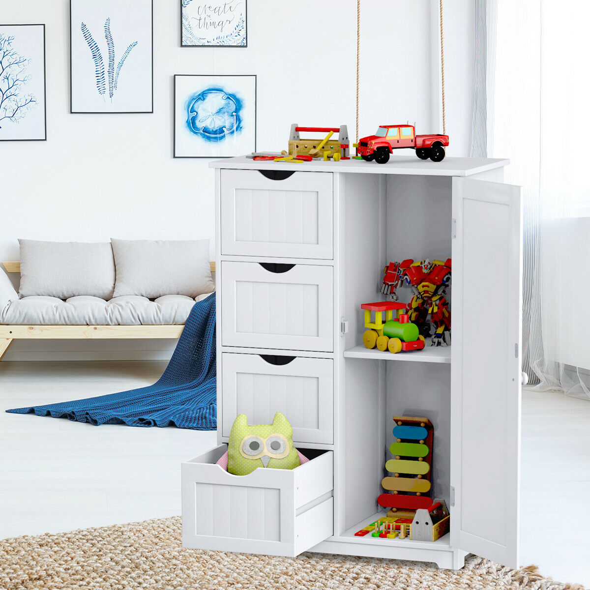 Freestanding Storage Cupboard with Adjustable Shelf and Drawers-White