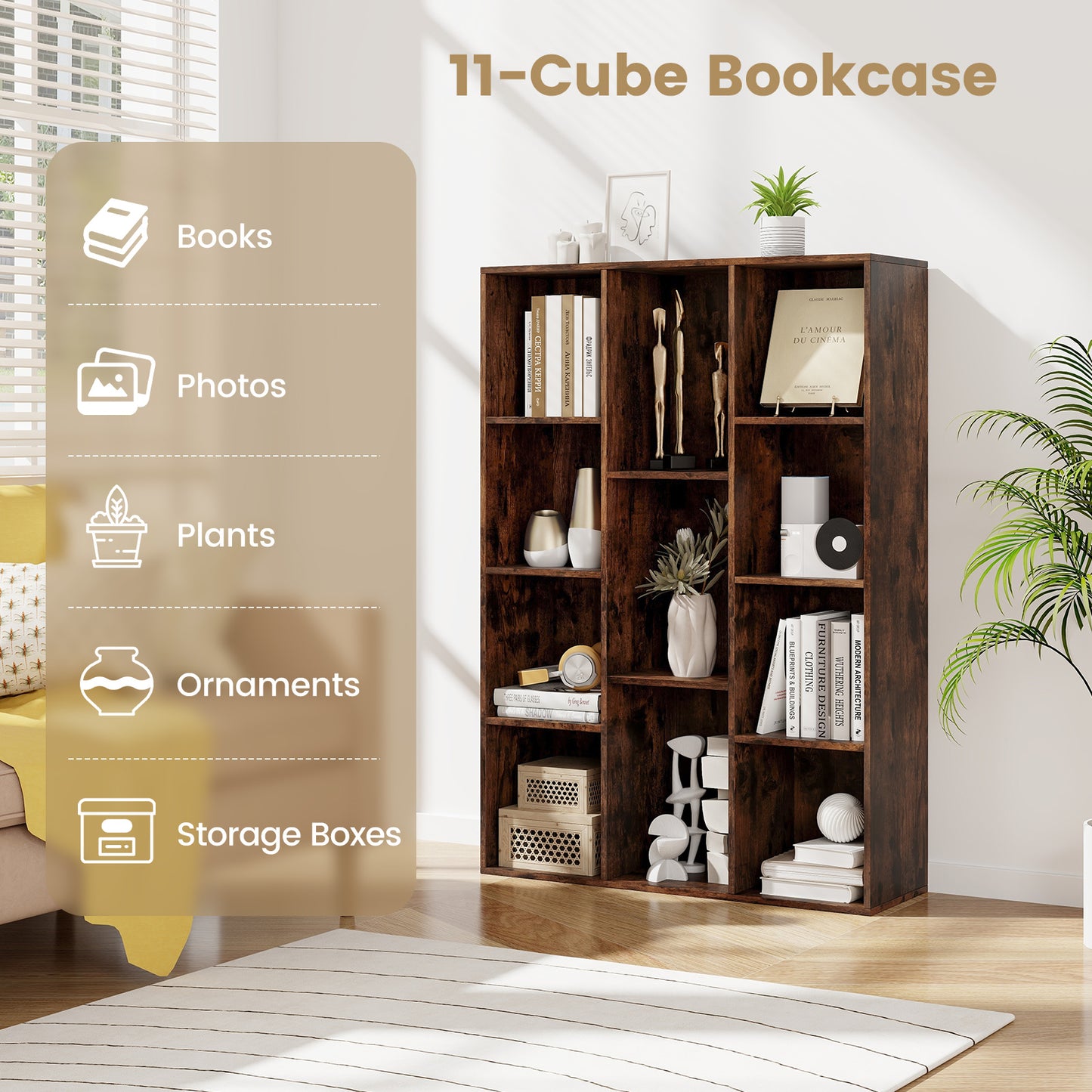 11-Cube Bookcase Modern Geometric Bookshelf with Anti-tipping Kits-Rustic Brown