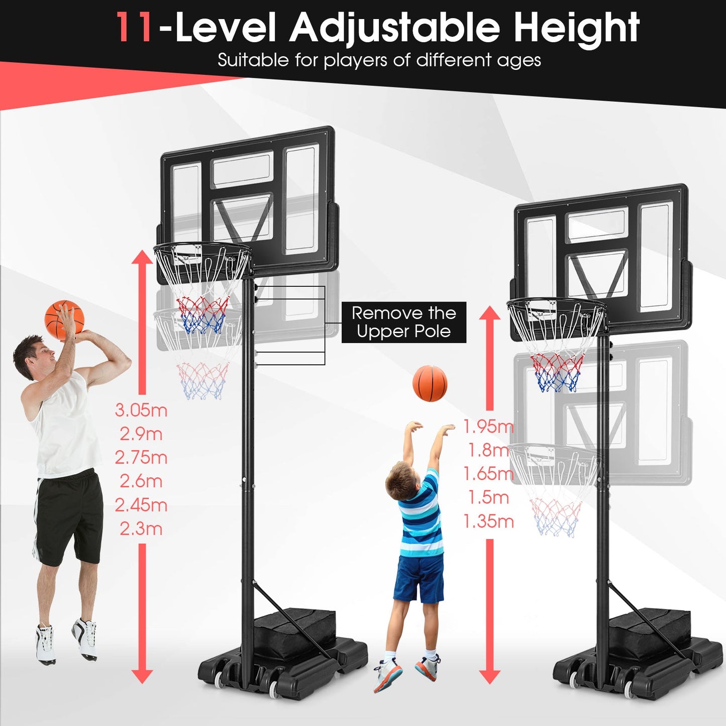11-Level Portable Adjustable Basketball Hoop and Goals System with Build-In Wheels