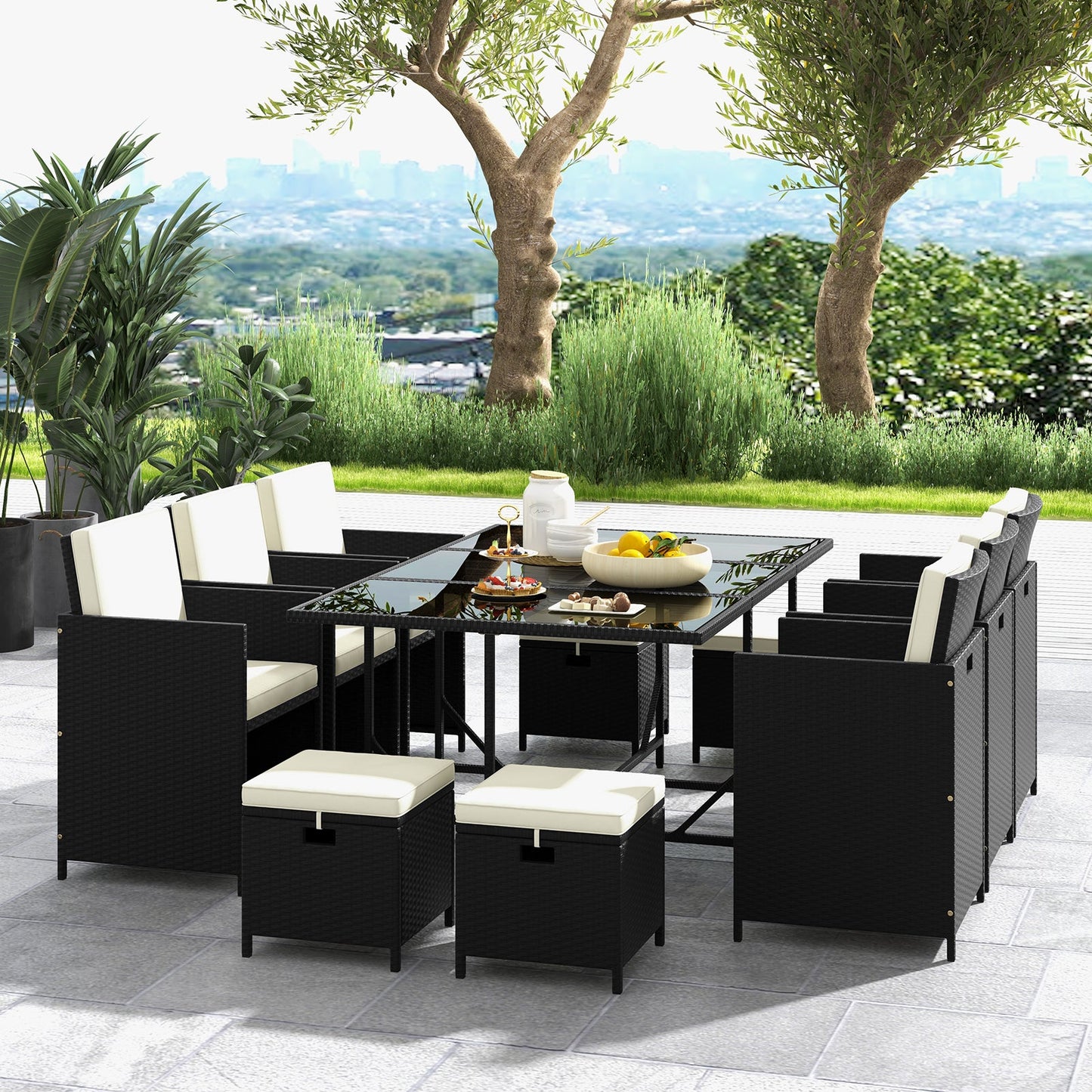 11 Pieces Patio Dining Set with Ottomans for Garden Yard Poolside-White