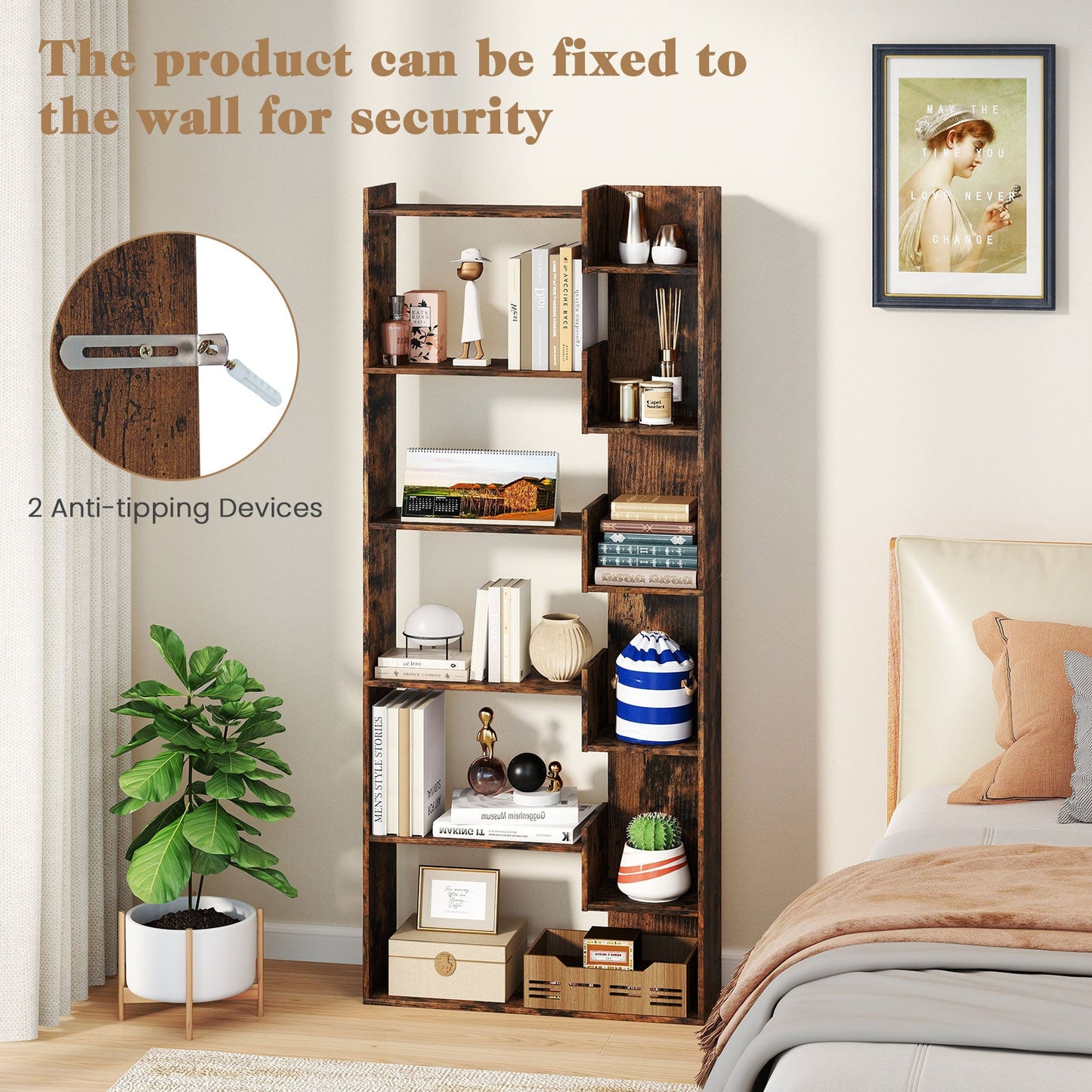 11-Shelf Wooden Bookshelf with 2 Anti-Tipping Kits-Rustic Brown