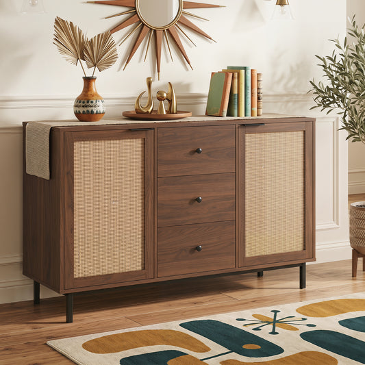 120 cm Sideboard Buffet Cabinet with Storage 2 Rattan Doors and 3 Drawers-Brown