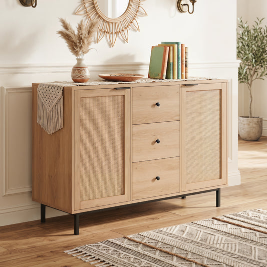 120 cm Sideboard Buffet Cabinet with Storage 2 Rattan Doors and 3 Drawers-Natrual