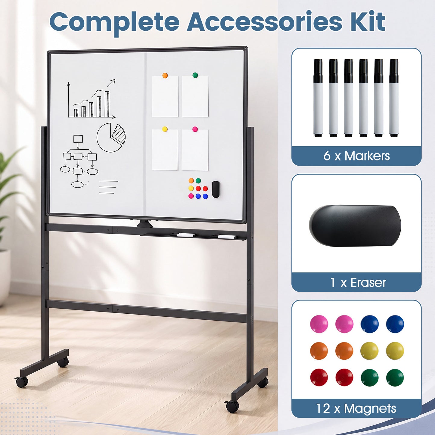 120 x 90 cm Mobile White Board with Lockable Universal Wheels and Double-Sided Magnetic Surface-Black