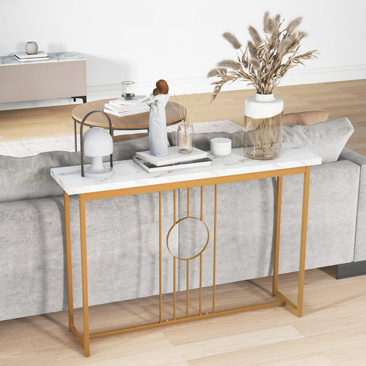 120cm Modern Faux Marble Top Console Table with Heavy-duty Metal Frame-White