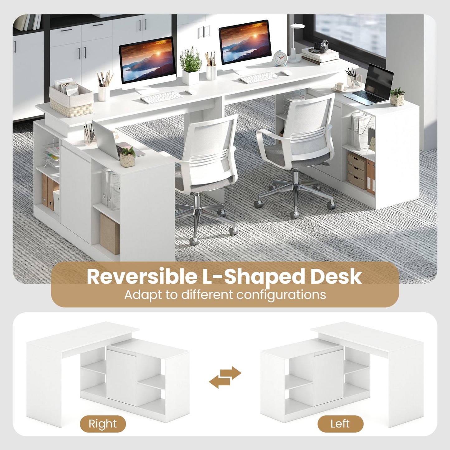 120CM Reversible Corner Writing Desk with 2-Way Cabinet-White