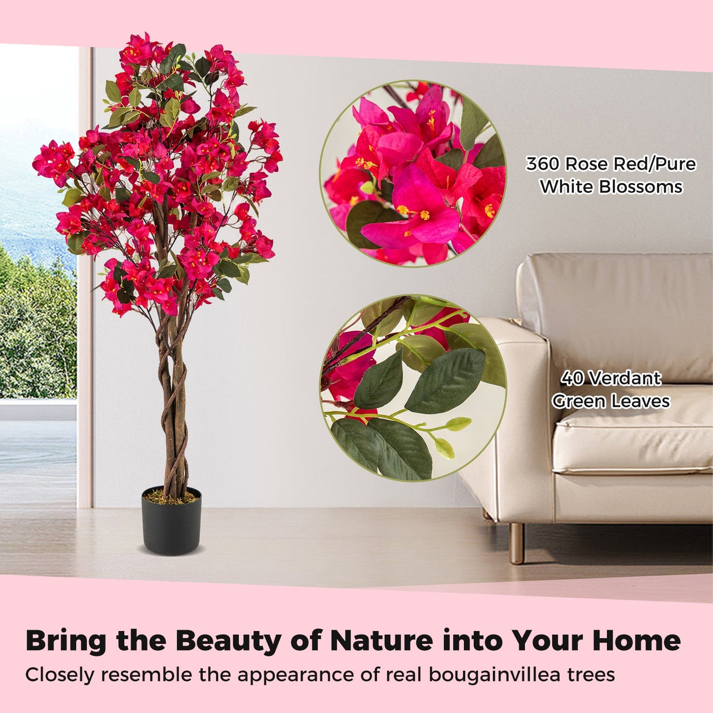 120 CM Tall Artificial Bougainvillea Tree with Blooming Flowers- Rose