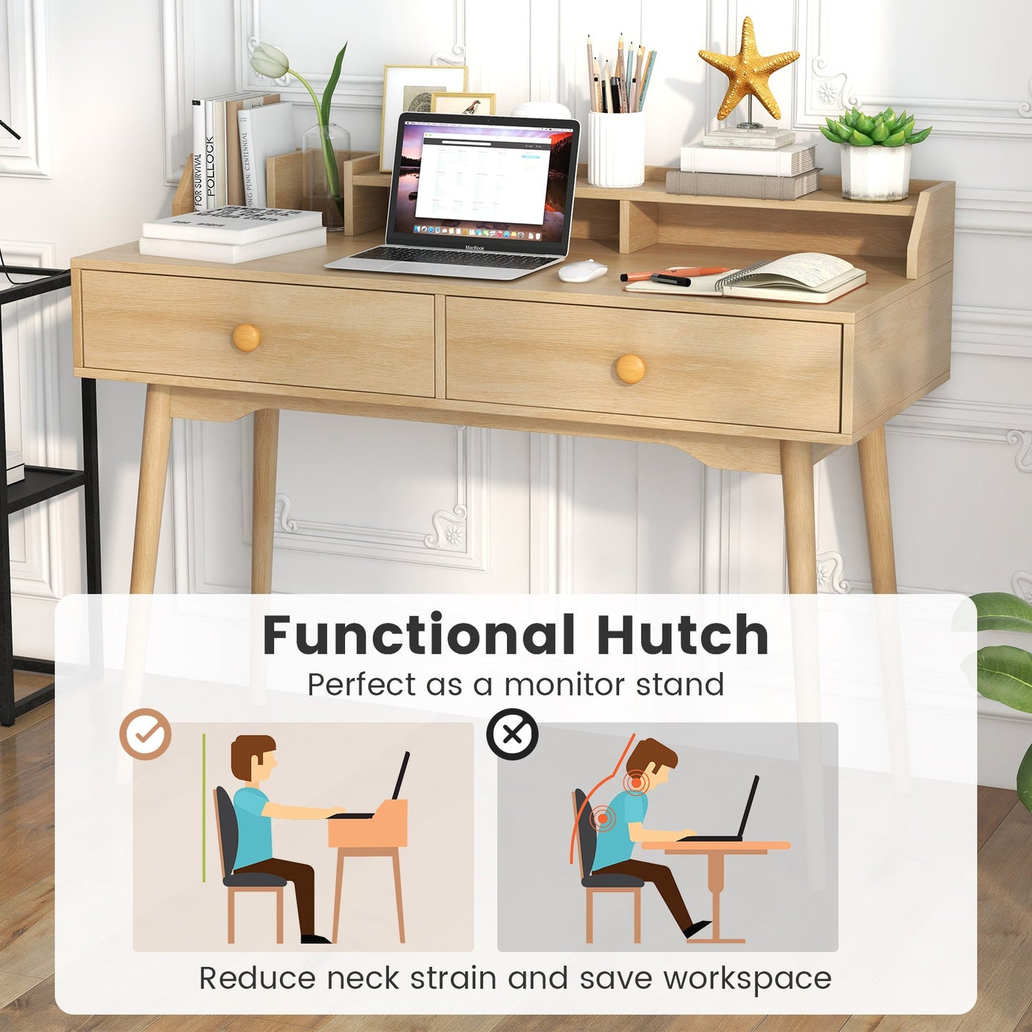 120 CM Writing Desk with Hutch and Drawers for Bedroom-Natural
