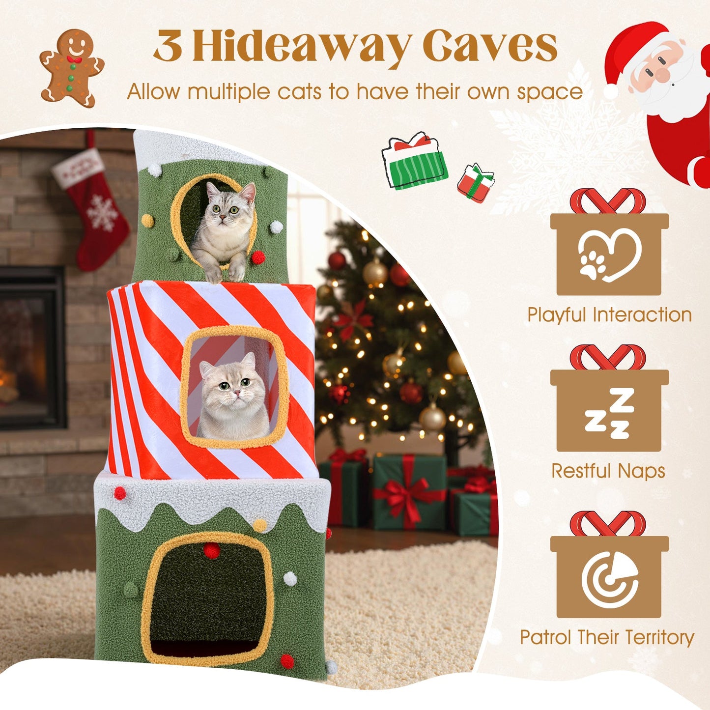 120 cm Cute Cat Climbing Furniture with 3 Condos and Hideaway Caves-Green