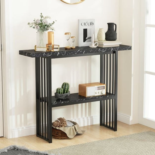 120 cm Long Narrow Console Table Faux Marble Entryway Table-Black